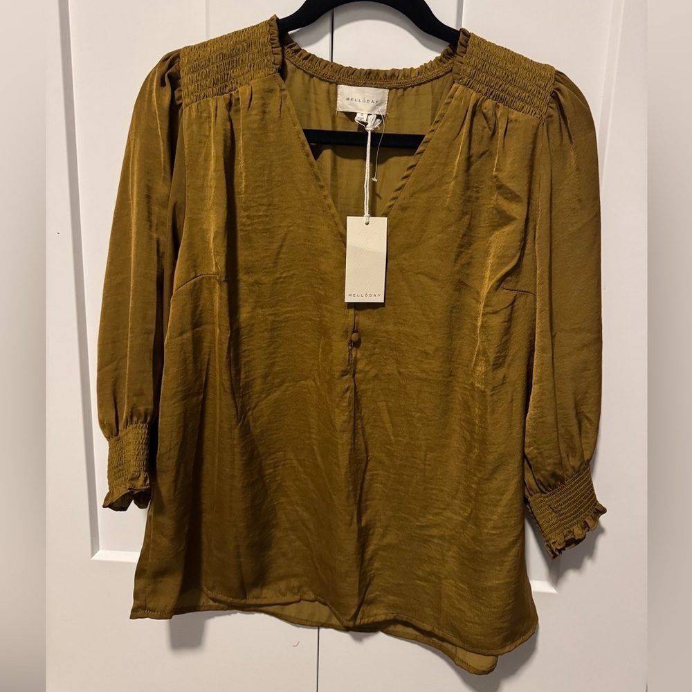 Melloday Top Women's Small Brown 3/4 Sleeve Blouse V-Neck 100% Polyester